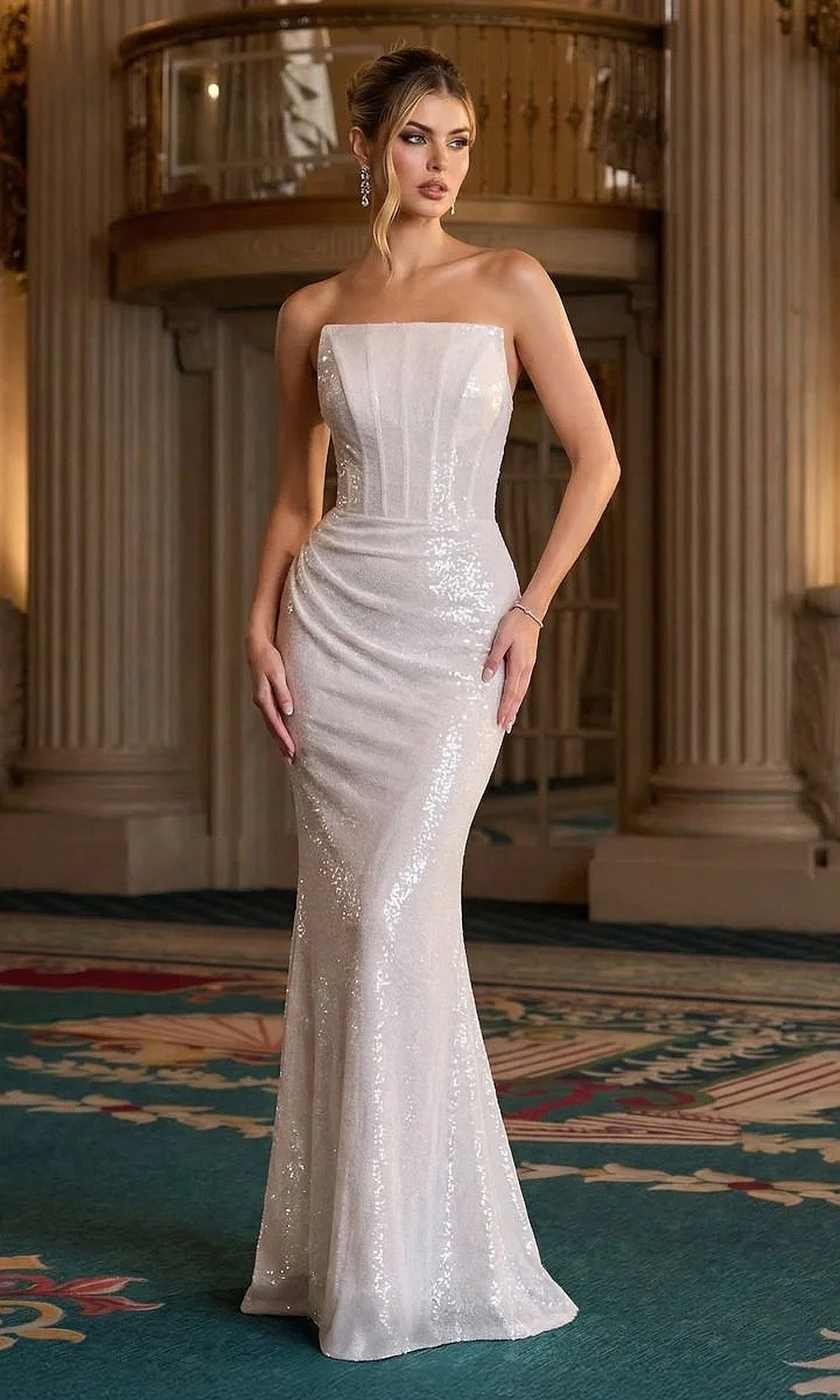Ladivine J904 off-white prom dress with sequin fabric and sheer mesh boning panel, straight strapless neckline, sleek fitted silhouette, front view, gala gown styling