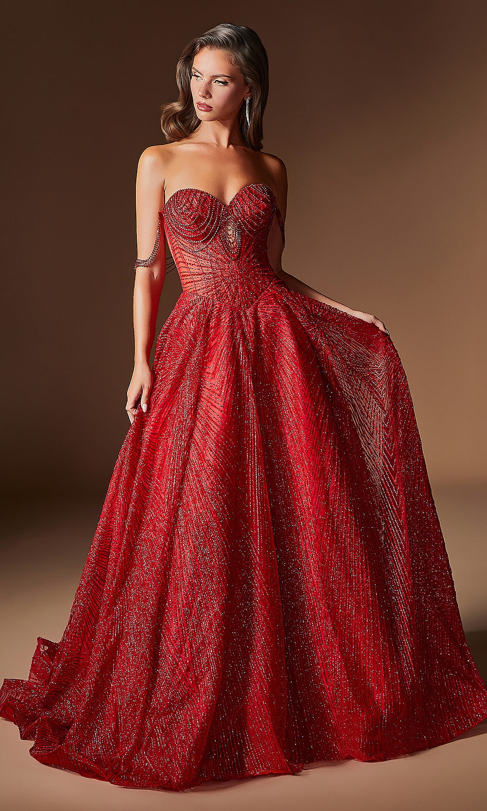 Ladivine J915 red front prom dress with sweep train, voluminous glitter a-line ballgown, strapless sweetheart corset, red carpet styling