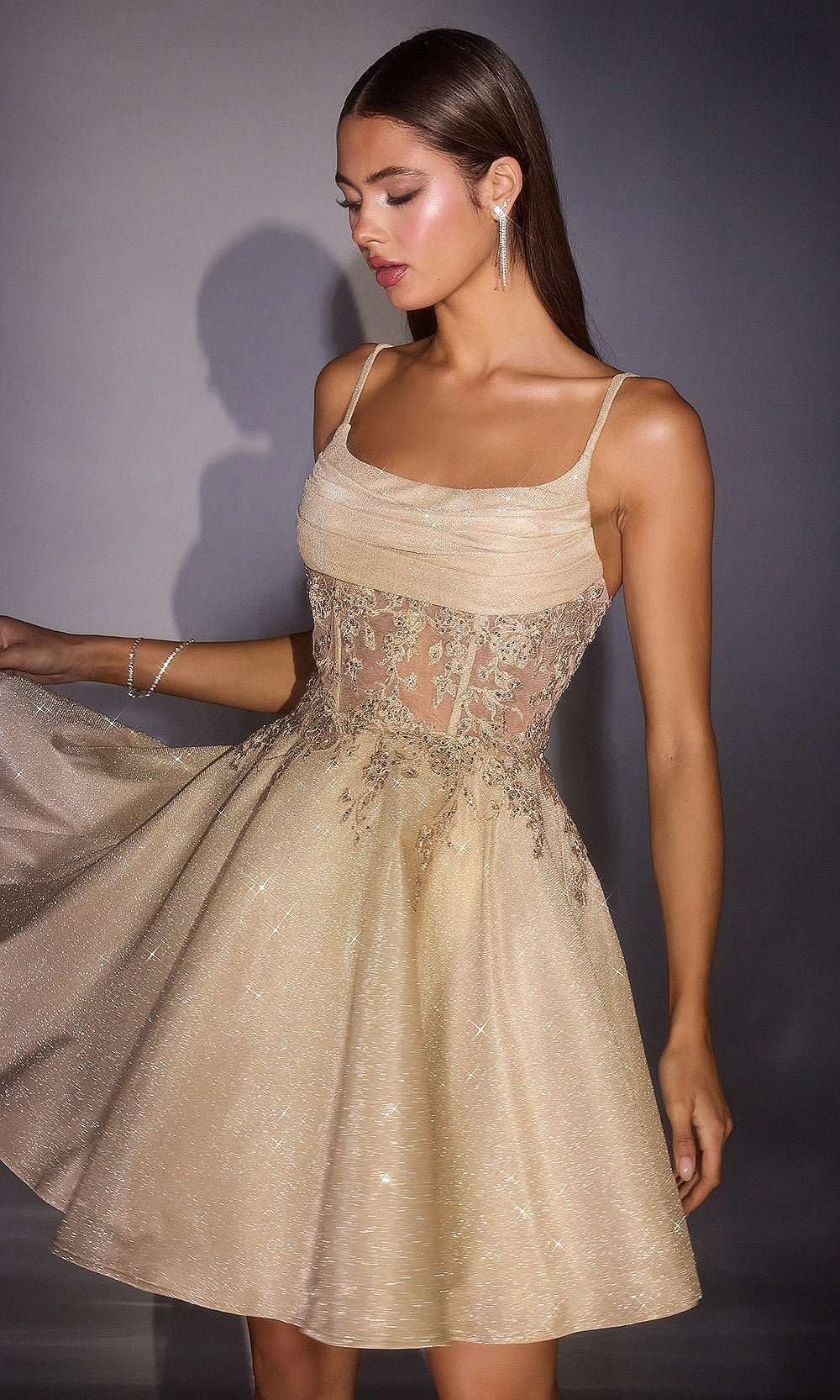 Ladivine KV1152 champagne beige homecoming dress close detail of boned mesh corset insert, beaded floral-leaf appliqués, embroidery, glitter overlay, cocktail party dress