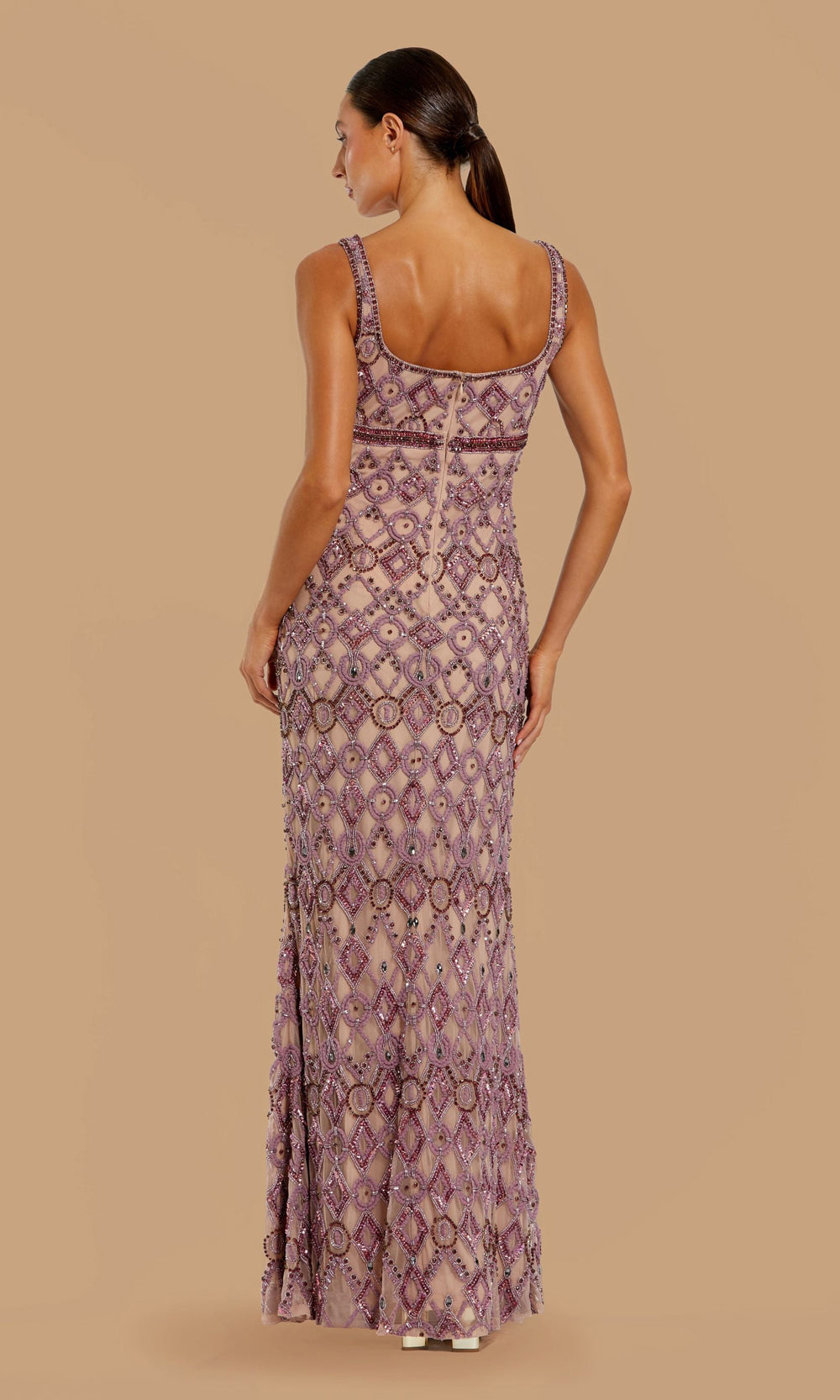 Mac Duggal 10108 orchid back view high-back beaded coverage fitted long gown with wide beaded straps and empire waist band, red carpet styling made for prom nights