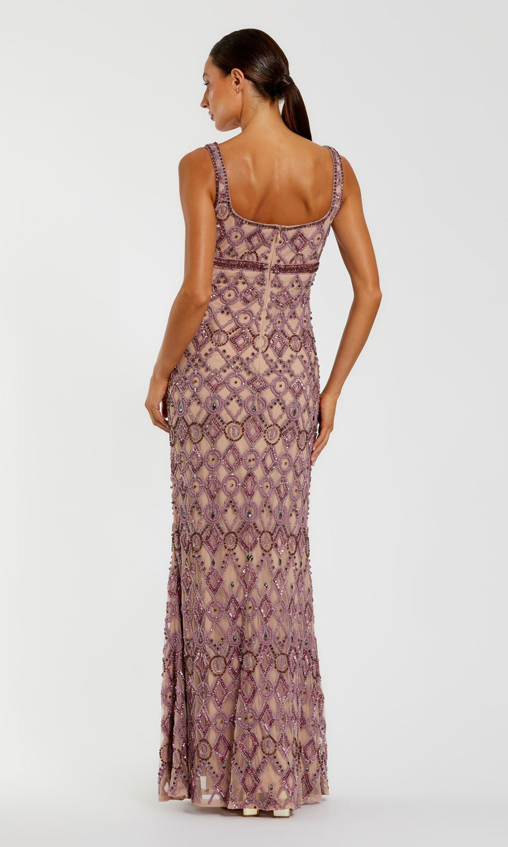 Mac Duggal 10108 orchid back view fully-beaded fitted long gown with high back, dimensional cord embroidery rhinestones, straps, evening gown styled for prom