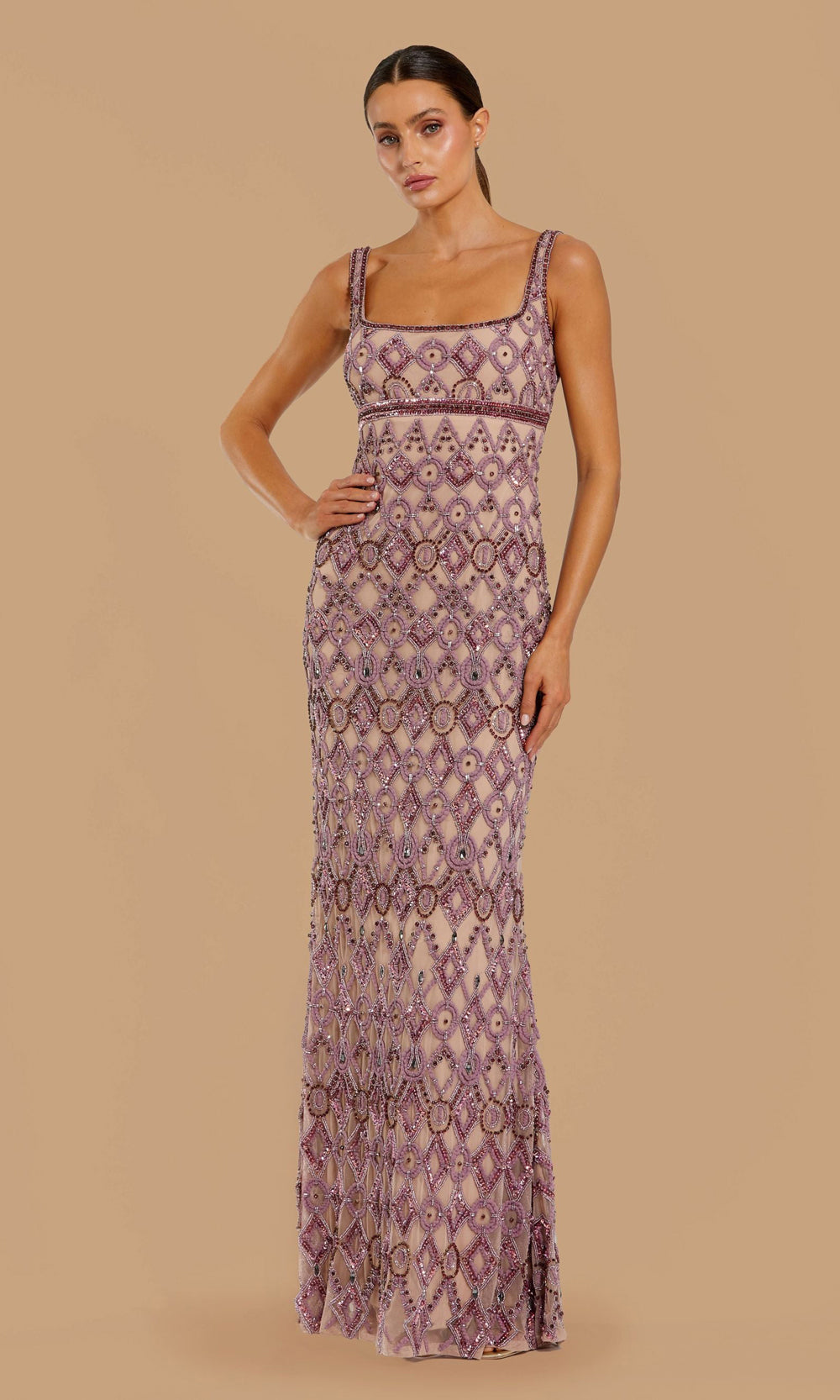 Mac Duggal 10108 orchid front view fully-beaded fitted long gown with mesh base, geometric diamond lattice embroidery, square neckline, formal prom gown