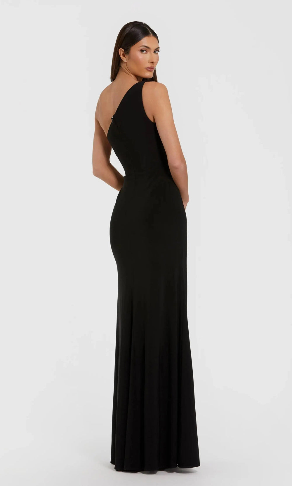 Mac Duggal 11849 black back evening gown showing dramatically open back, one-shoulder strap, fitted stretch jersey silhouette, gala gown