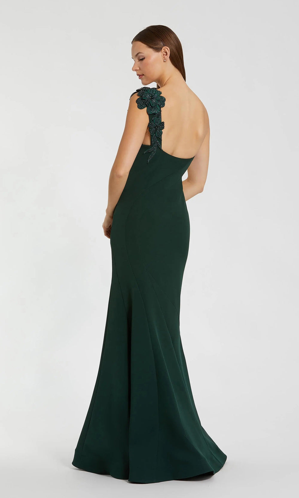 Mac Duggal 11851 Deep Green open-back mermaid trumpet gown back view showing fully bare back to below waistline evening gown for gala