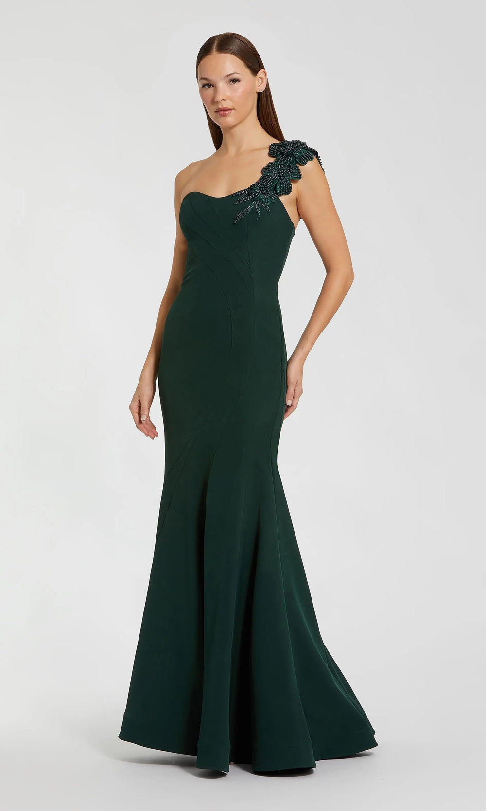 Mac Duggal 11851 Deep Green one-shoulder mermaid gown front view with 3D beaded floral appliqués on shoulder strap and sleek jersey skirt formal prom gown, evening ready