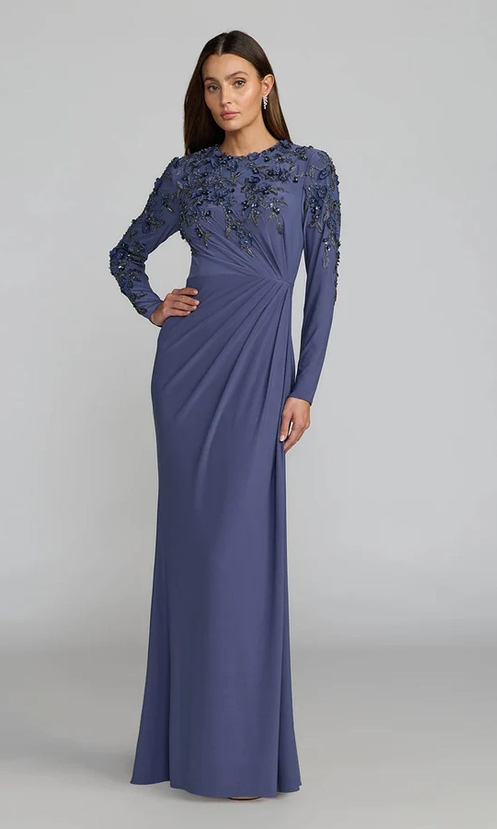 Mac Duggal 13246 Long-Sleeve Beaded Floral Appliqué Mermaid Gown with Floral Appliques