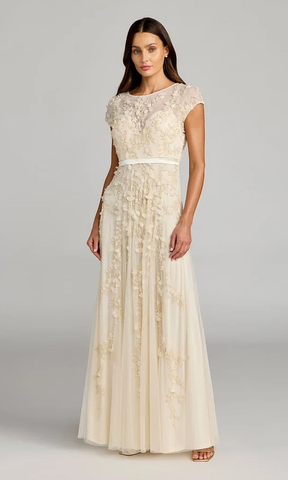 Mac Duggal 14521 A-Line Gown with 3D Floral Beading & Cap Sleeves