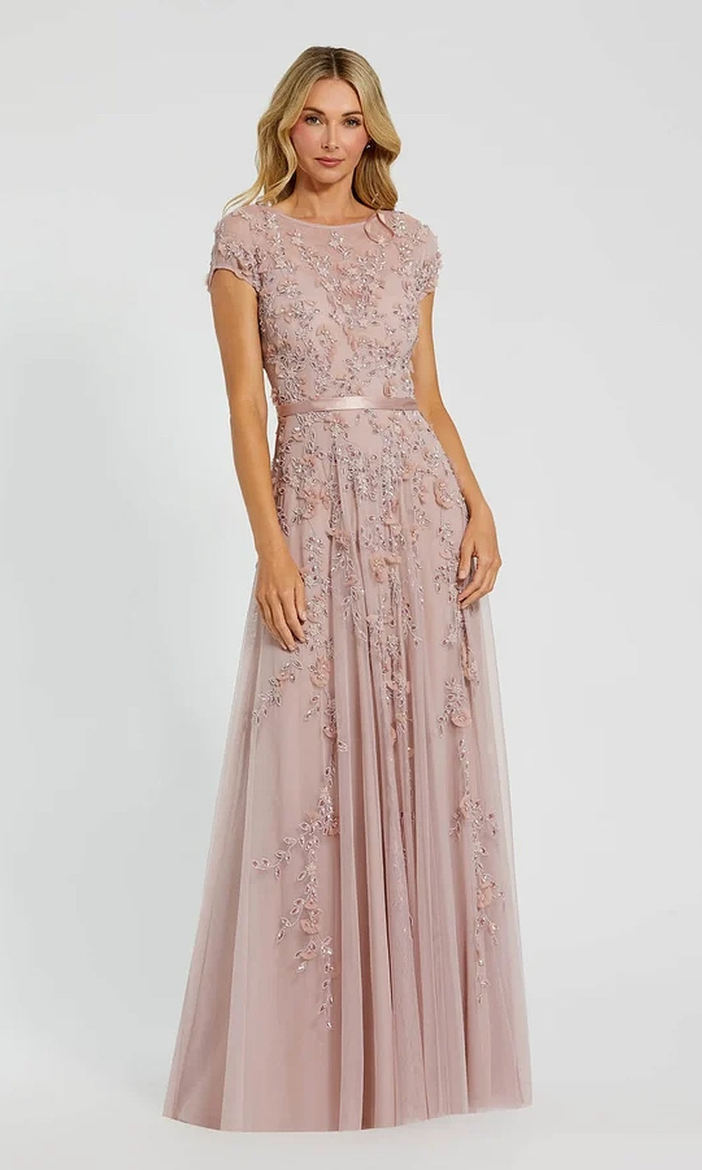 Mac Duggal 14521 A-Line Gown with 3D Floral Beading & Cap Sleeves