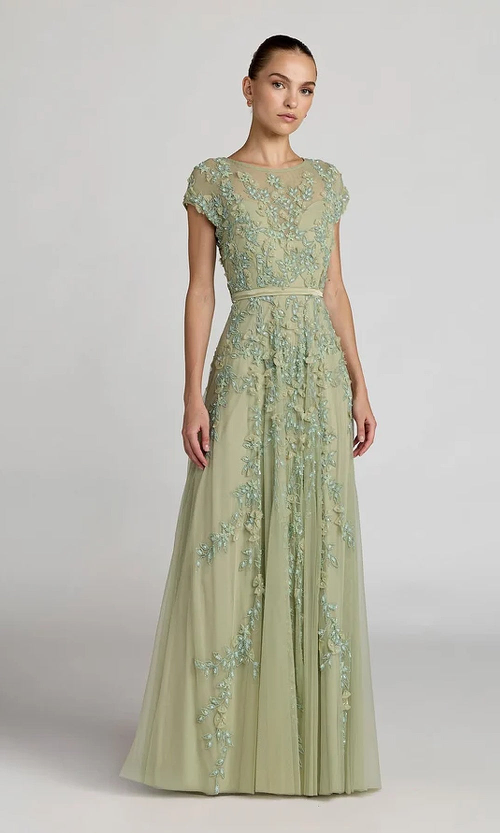 Mac Duggal 14521 A-Line Gown with 3D Floral Beading & Cap Sleeves