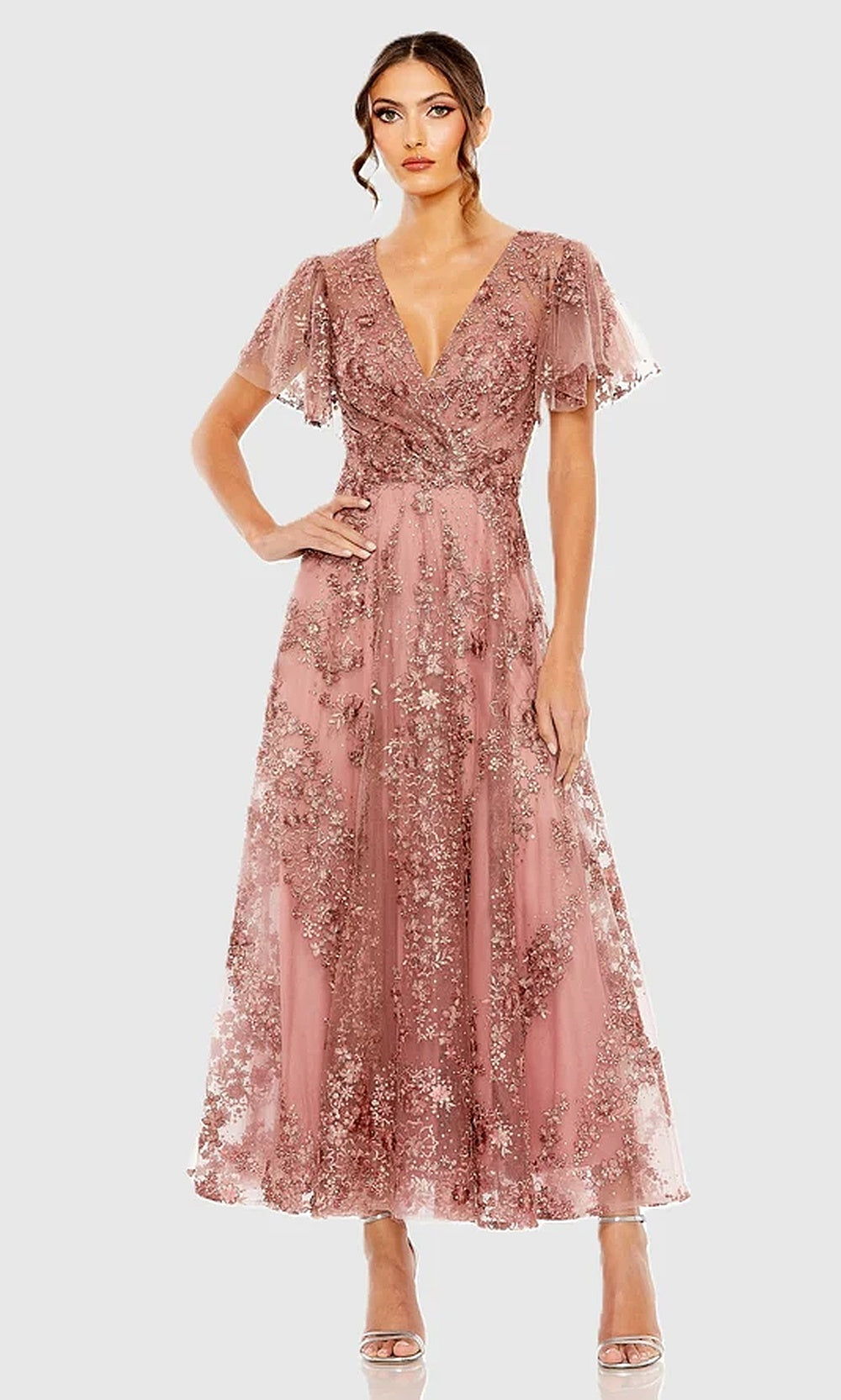 Mac Duggal 20486 Lace Floral A-Line Tea-Length Short-Sleeve Dress
