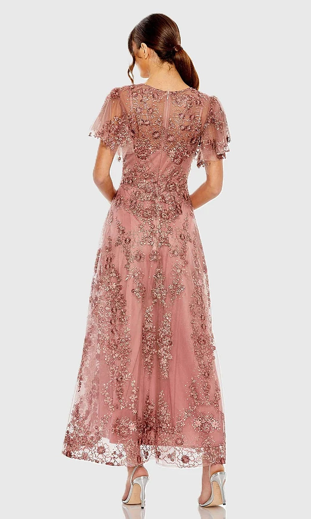 Mac Duggal 20486 Lace Floral A-Line Tea-Length Short-Sleeve Dress