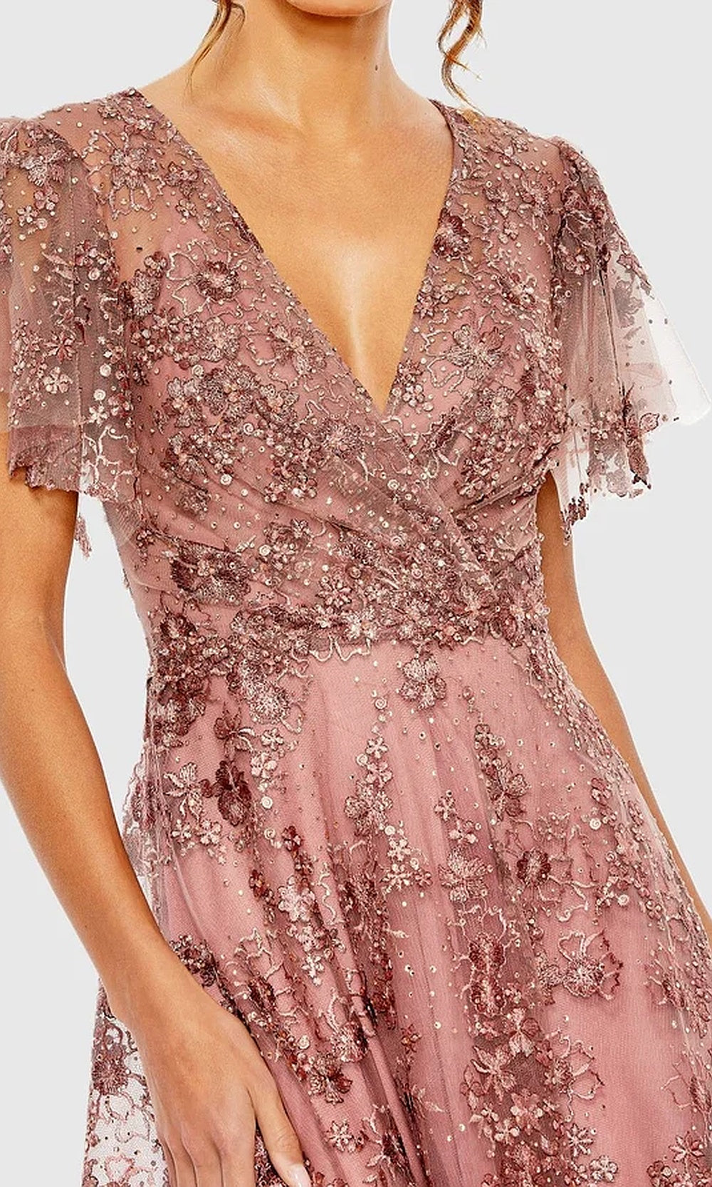 Mac Duggal 20486 Lace Floral A-Line Tea-Length Short-Sleeve Dress