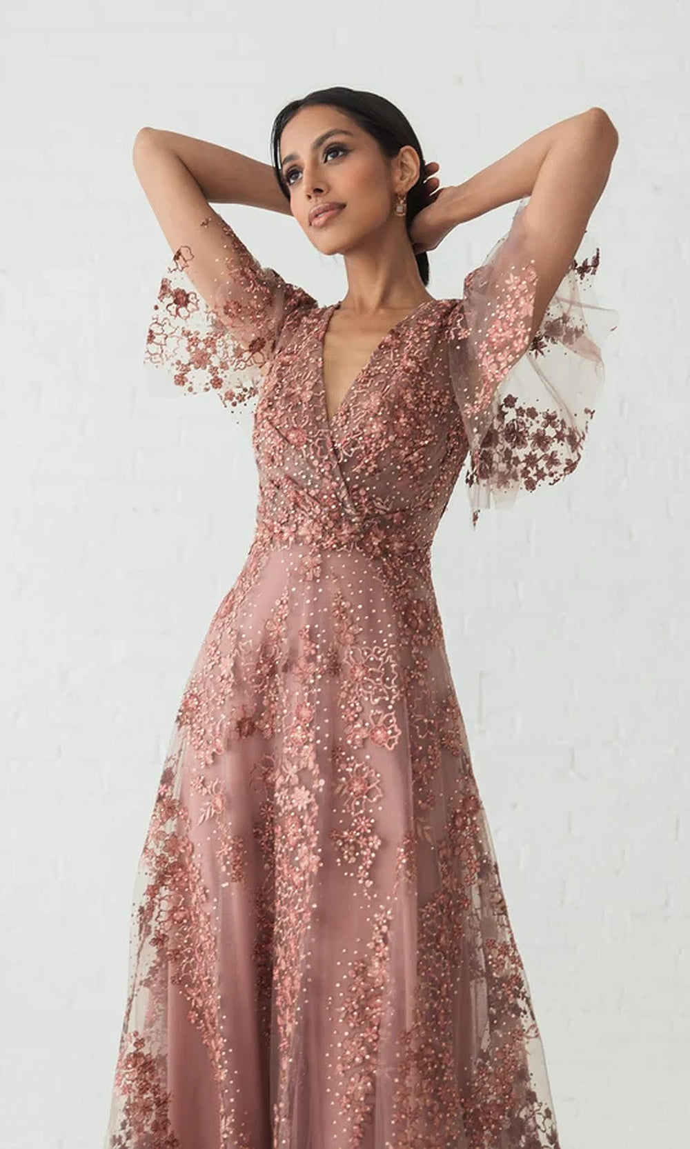 Mac Duggal 20486 Lace Floral A-Line Tea-Length Short-Sleeve Dress