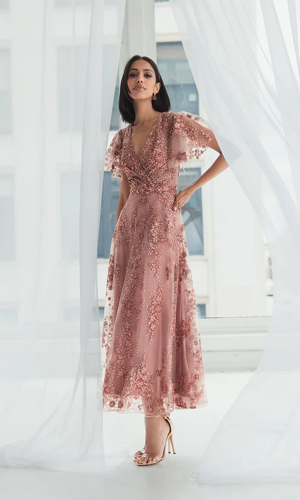 Mac Duggal 20486 Lace Floral A-Line Tea-Length Short-Sleeve Dress