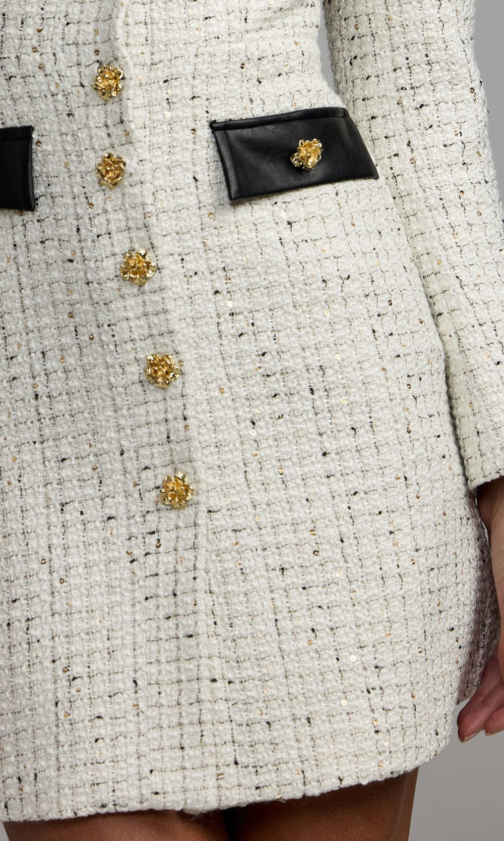 Mac Duggal 21421 ivory detail view cocktail dress with glitter-fleck boucle tweed fabric, metallic gold yarn weave, long-sleeve fit-and-flare, cocktail party dress