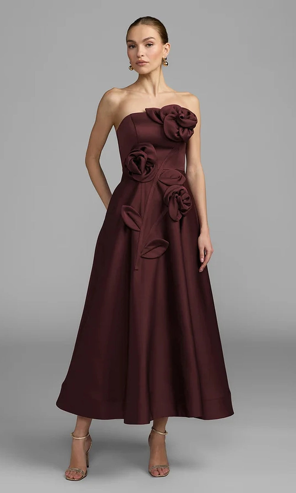 Mac Duggal 2362 Strapless Square-Neck Tea-Length A-Line Satin Gown