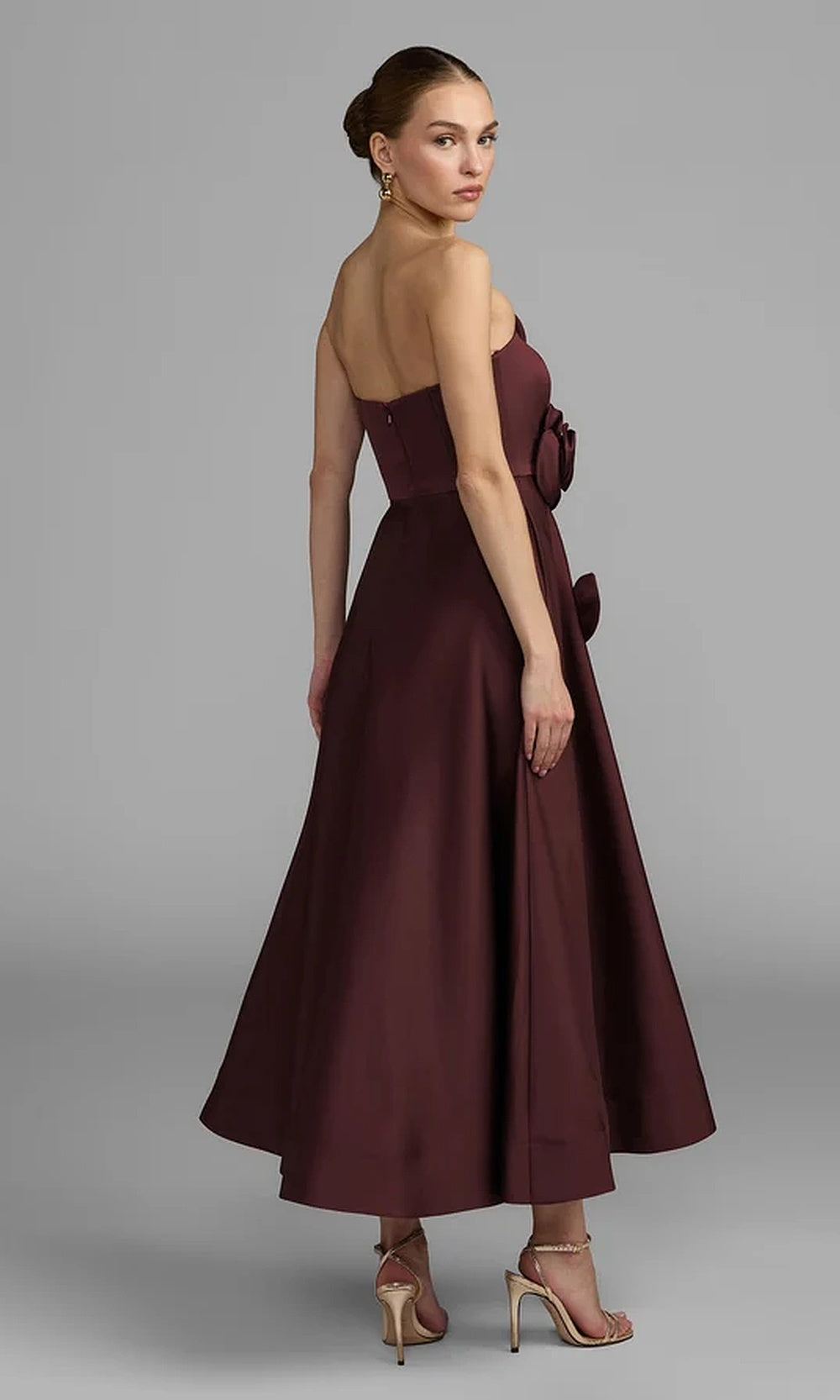 Mac Duggal 2362 Strapless Square-Neck Tea-Length A-Line Satin Gown