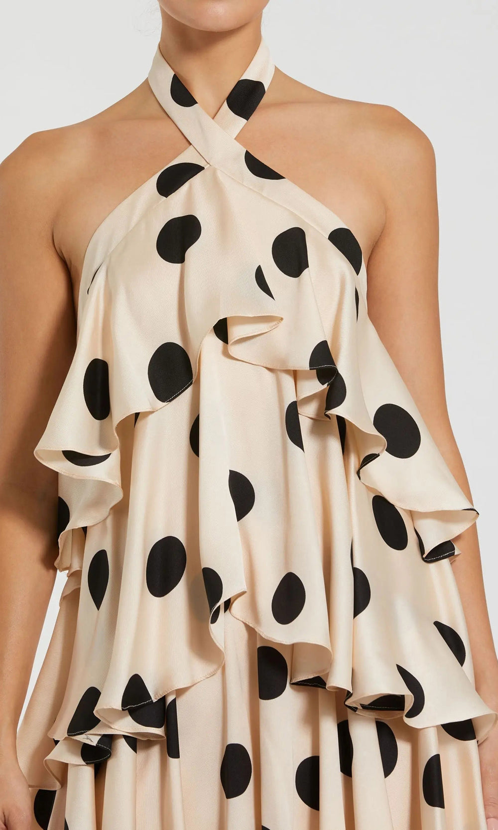 Mac Duggal 27540 cream-black tiered ruffle detail view, polka-dot satin print construction, evening gown cocktail party dress, a prom favorite