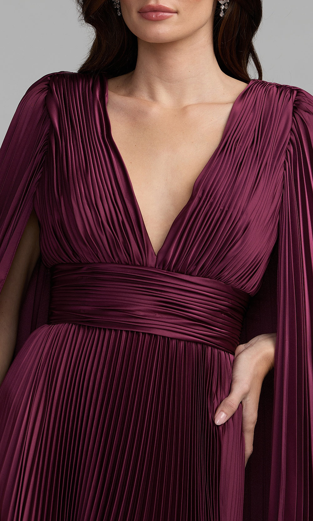 Mac Duggal 49872 Plum Purple detail view pleated satin cape gown with ruched empire waistband, V-neckline, formal gala gown