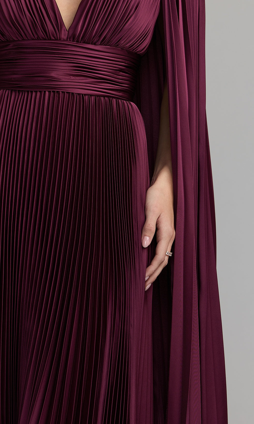 Mac Duggal 49872 Plum Purple detail view empire waist construction with gathered satin waistband, pleated skirt, formal event dress
