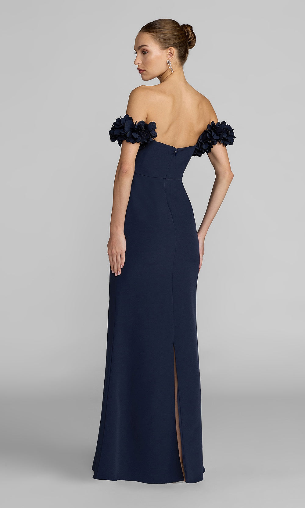 Mac Duggal 56131 midnight-blue back view prom gown with open back, stretch jersey, boned sweetheart bodice, evening gown styling