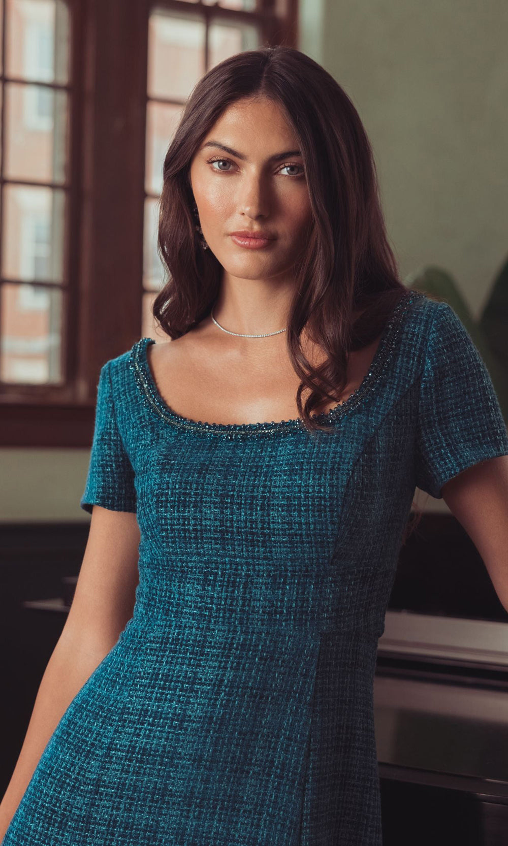 Mac Duggal 56453 teal detail view short sleeve construction and bodice fit on woven metallic tea-length dress, a polished wedding-guest option