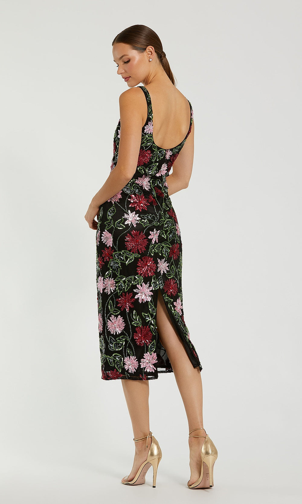 Mac Duggal 6124 Black Multicolor back view cocktail dress with deep scoop back beaded floral appliqués on mesh knee-length fitted sheath cocktail party dress
