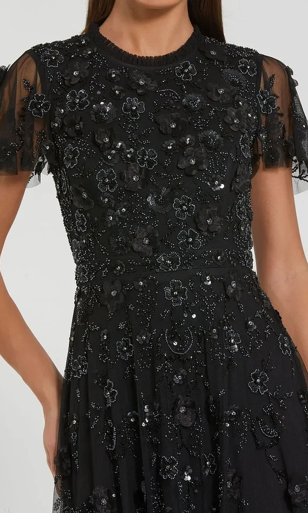 Mac Duggal 9212 Beaded Floral Appliqué Tea-Length Flutter-Sleeve Dress