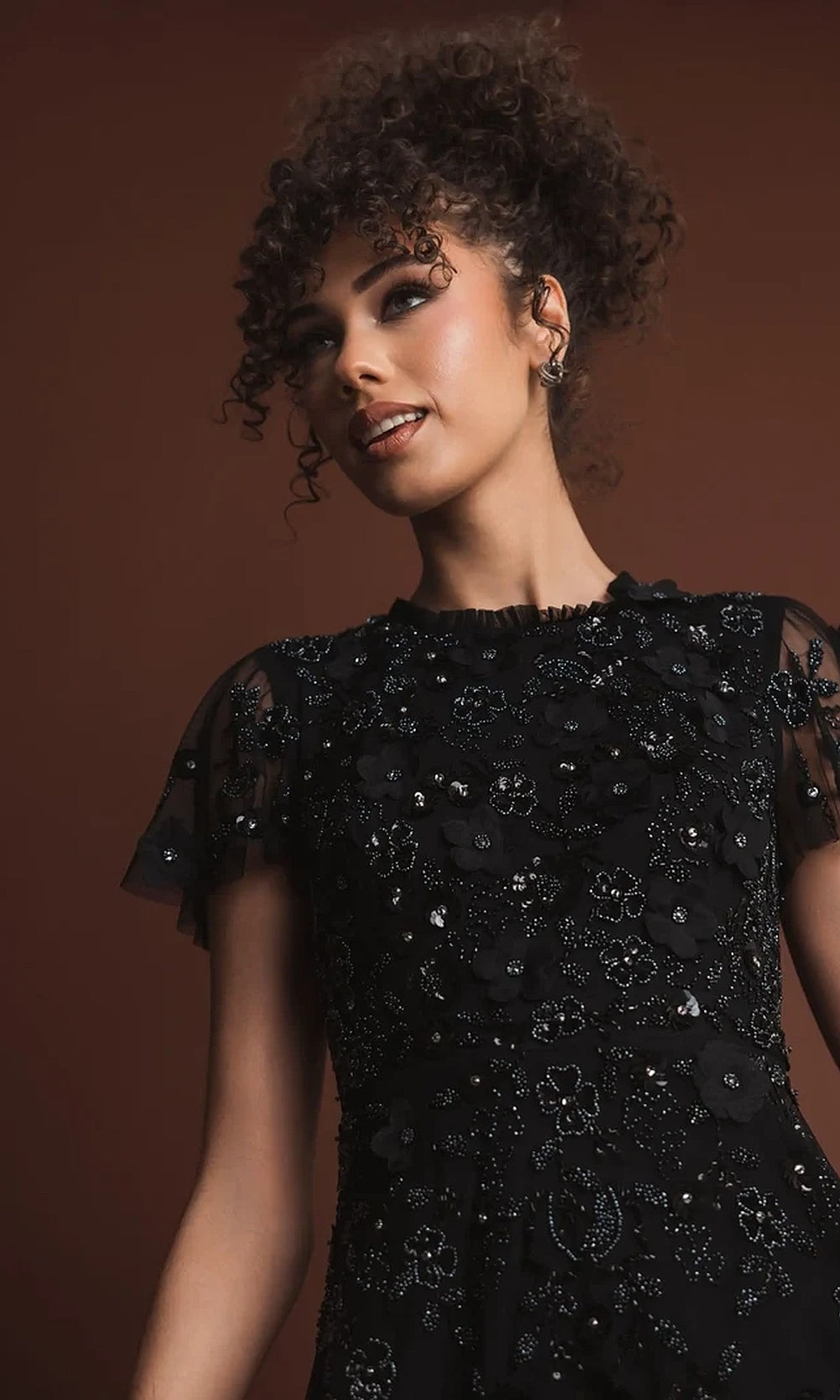 Mac Duggal 9212 Beaded Floral Appliqué Tea-Length Flutter-Sleeve Dress