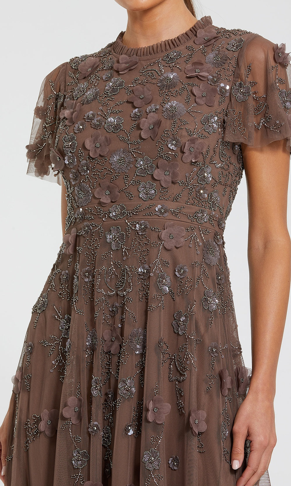 Mac Duggal 9212 chocolate brown close-up detail of beaded embroidery vines and three-dimensional floral appliqués on tulle, wedding-guest dress, formal wedding celebration dress