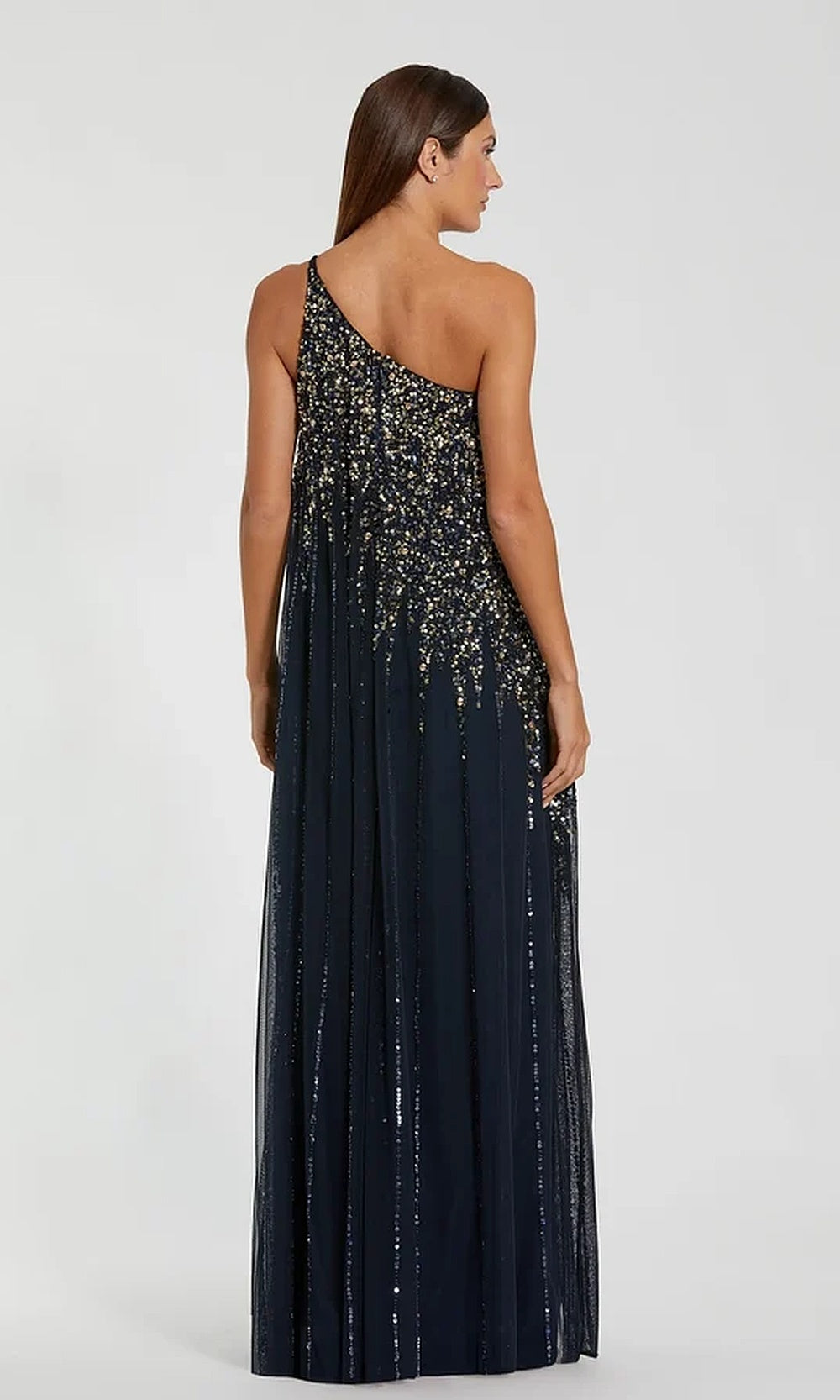 Mac Duggal 9224 One-Shoulder Beaded Tulle A-Line Gown with Sweep Train
