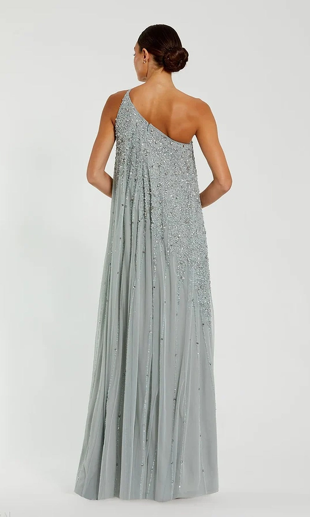 Mac Duggal 9224 One-Shoulder Beaded Tulle A-Line Gown with Sweep Train
