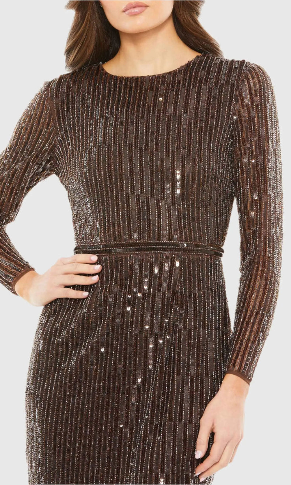Mac Duggal 93625 Espresso detail view cocktail dress with sequin mesh beading, waistband seam and vertical sequin rows, short hoco dance dress