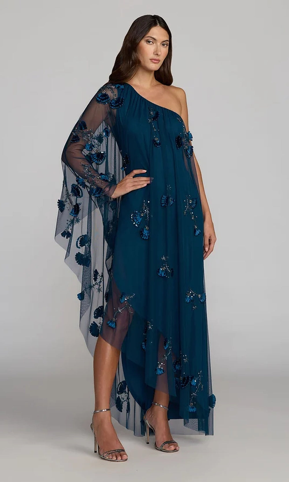 Mac Duggal 9374 One-Shoulder A-Line Gown with Embellished Mesh Cape