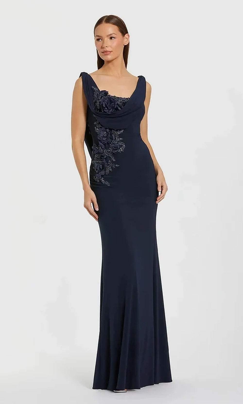 Mac Duggal 11910 Long Fitted Jersey Cape Gown with Floral Appliqués