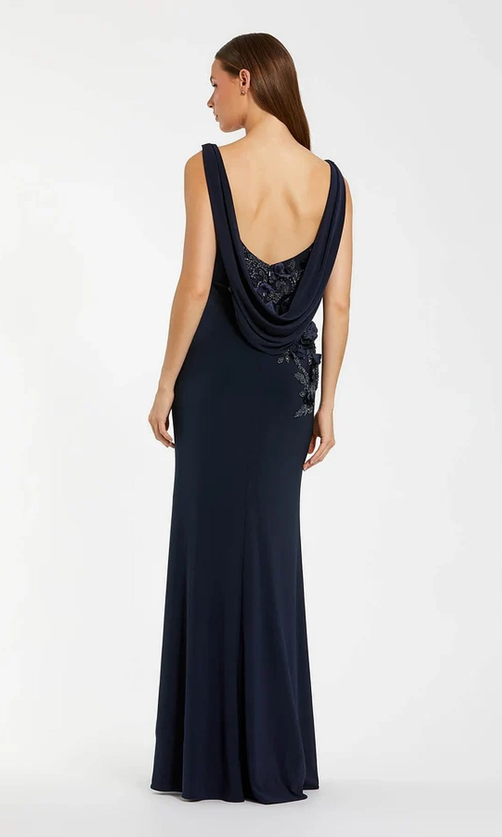 Mac Duggal 11910 Long Fitted Jersey Cape Gown with Floral Appliqués