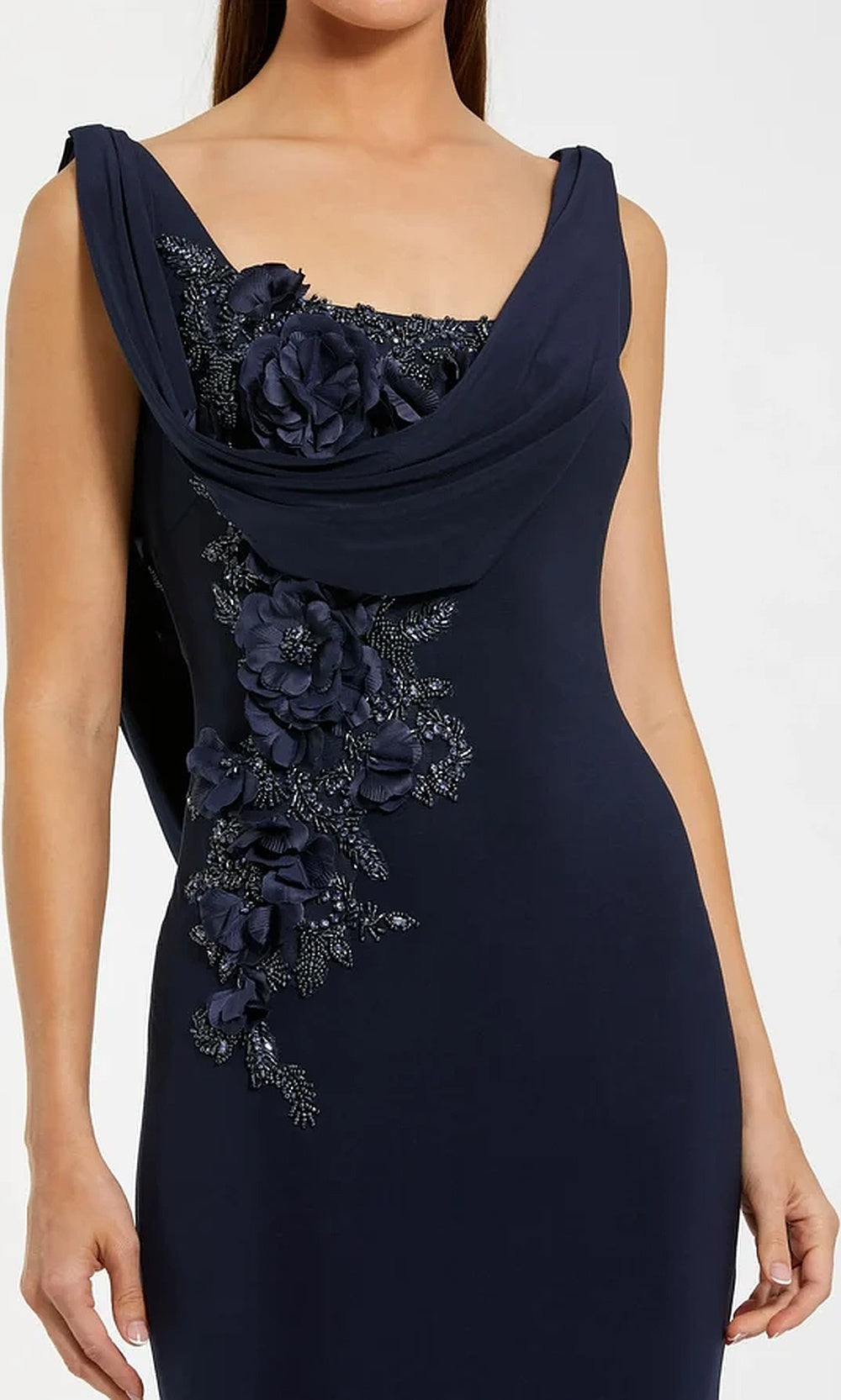 Mac Duggal 11910 Long Fitted Jersey Cape Gown with Floral Appliqués