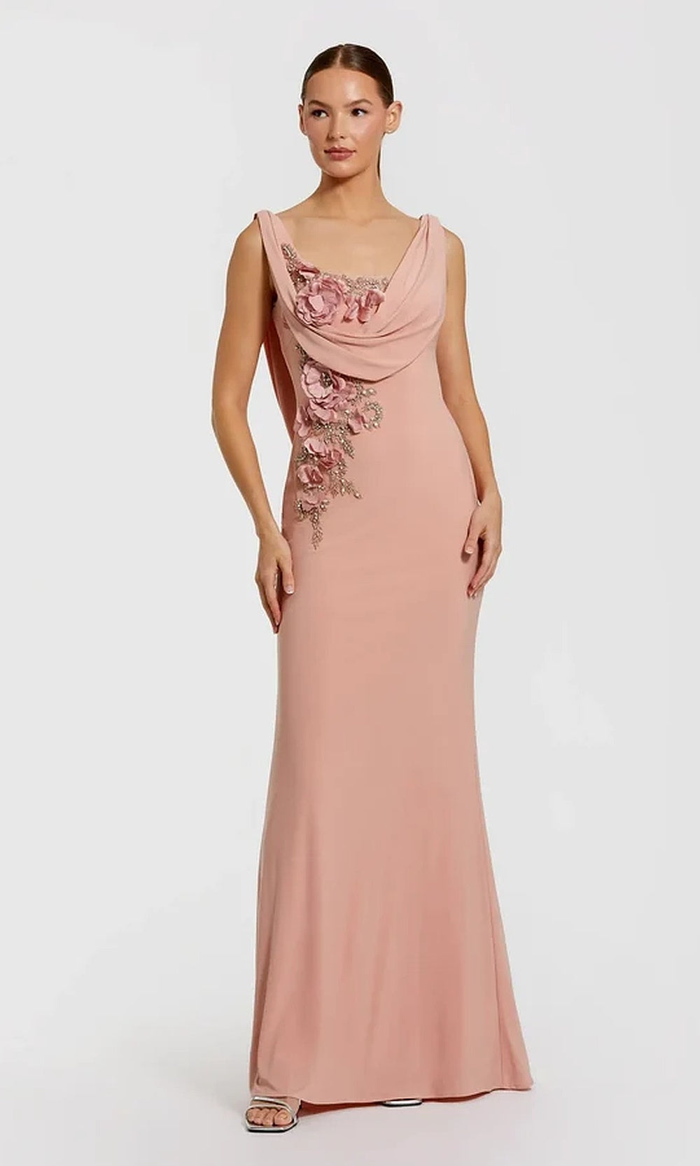 Mac Duggal 11910 Long Fitted Jersey Cape Gown with Floral Appliqués