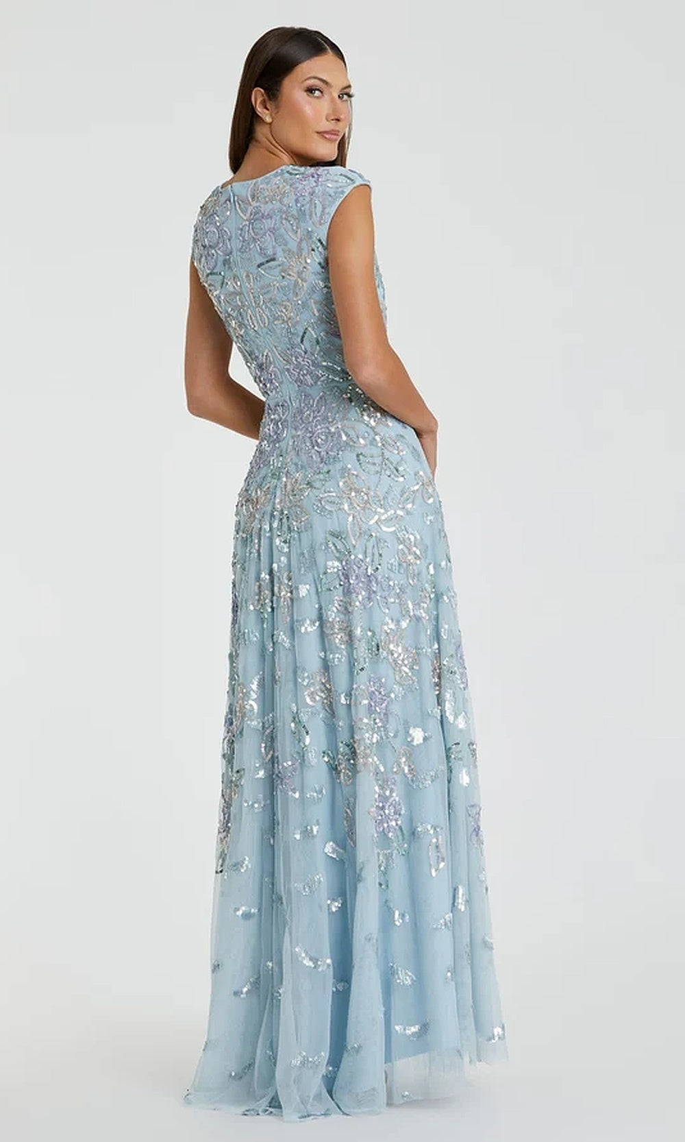 Mac Duggal 5647 Sequin Floral A-Line Long Gown with Cap Sleeves Gown