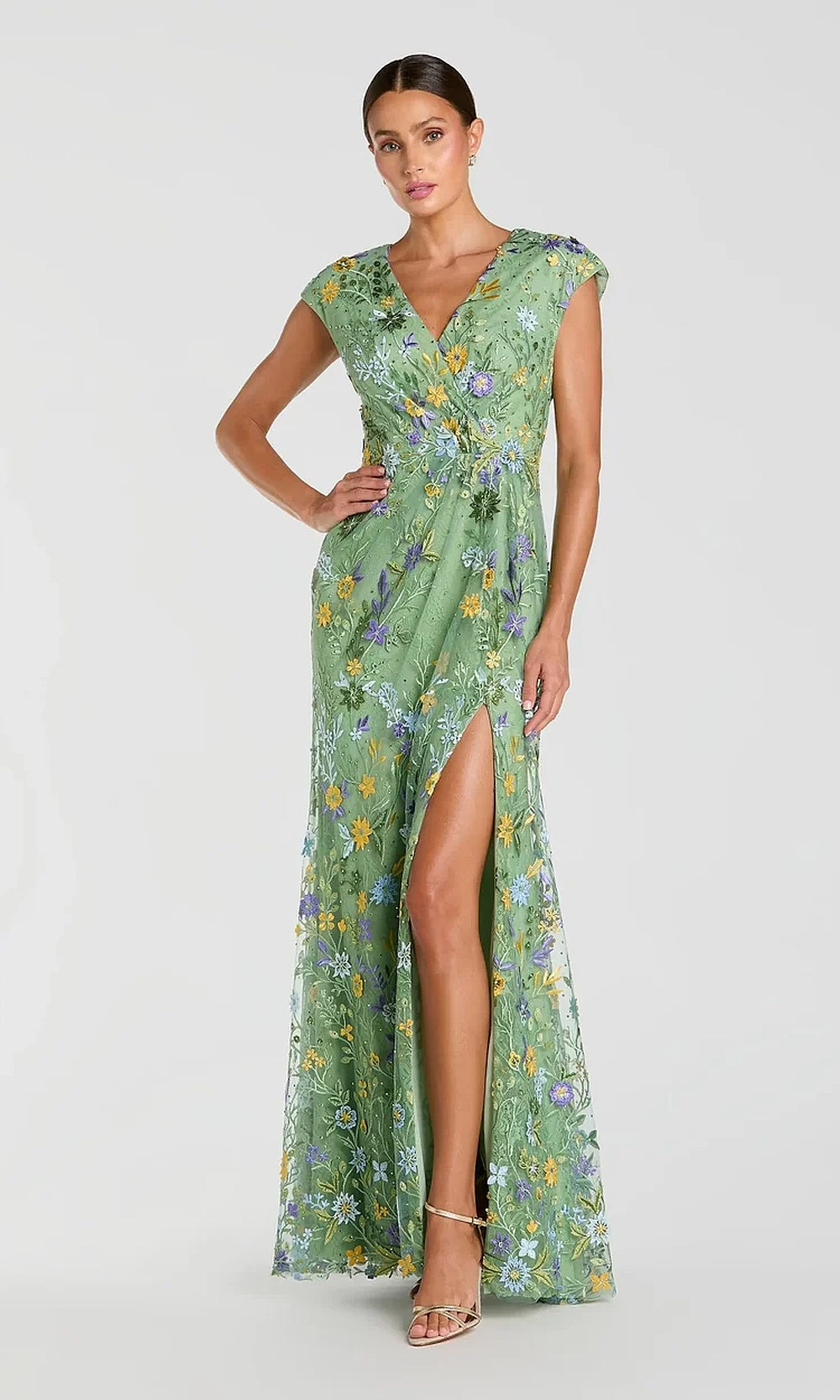 Mac Duggal 67882 Floral Lace A-Line Gown with High Slit Gown with Sweep Train