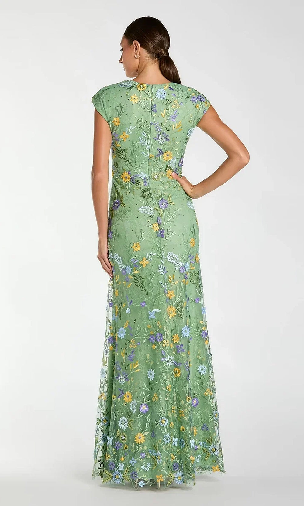 Mac Duggal 67882 Floral Lace A-Line Gown with High Slit Gown with Sweep Train