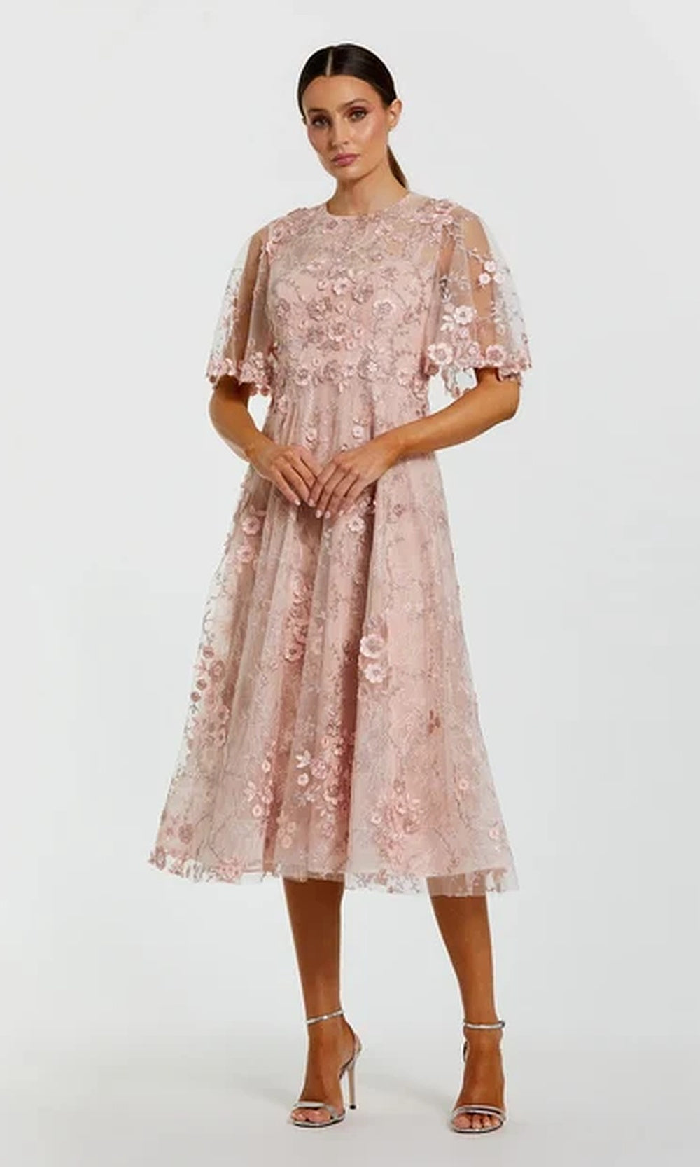 Mac Duggal 69036 Floral Lace Illusion High-Neck Tea-Length A-Line Dress