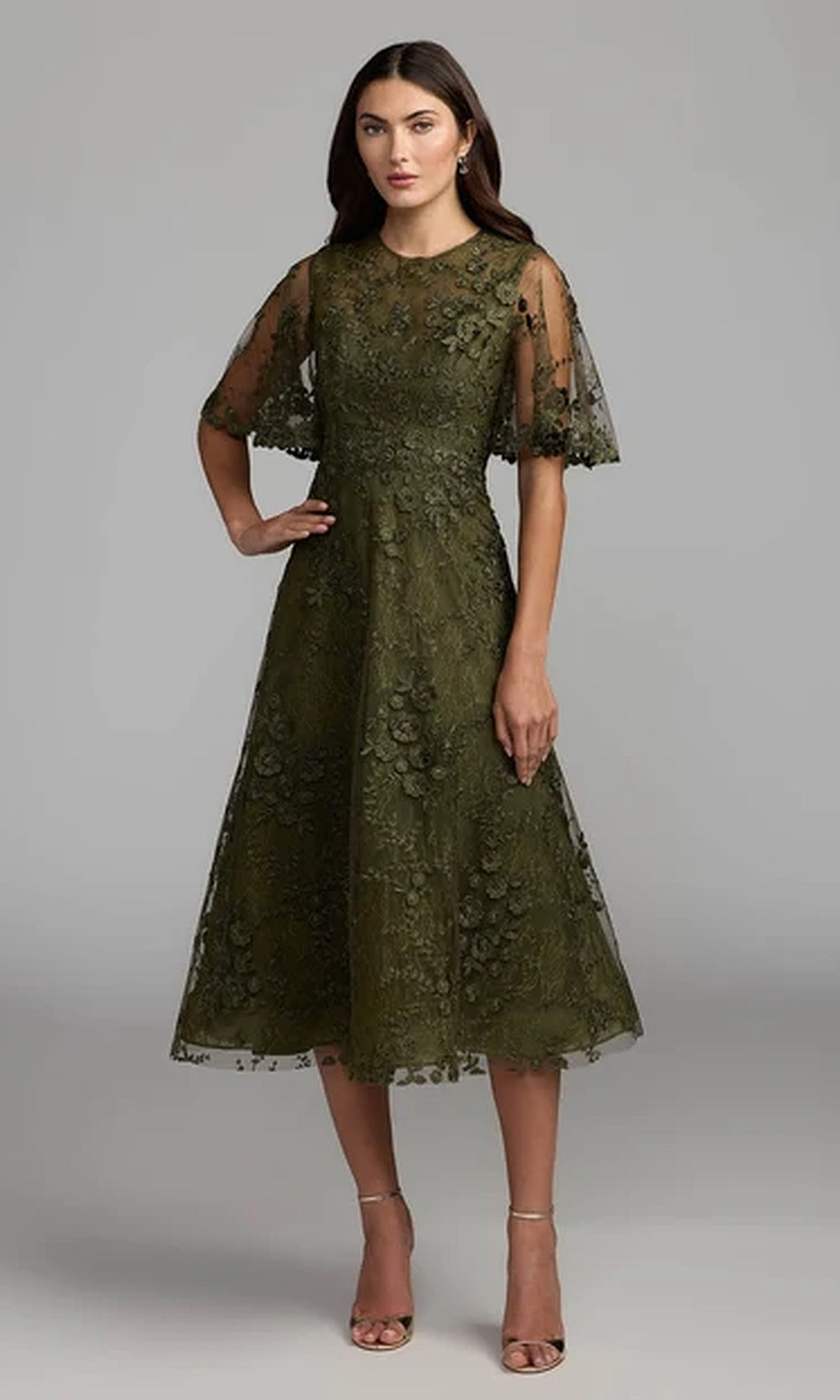 Mac Duggal 69036 Floral Lace Illusion High-Neck Tea-Length A-Line Dress