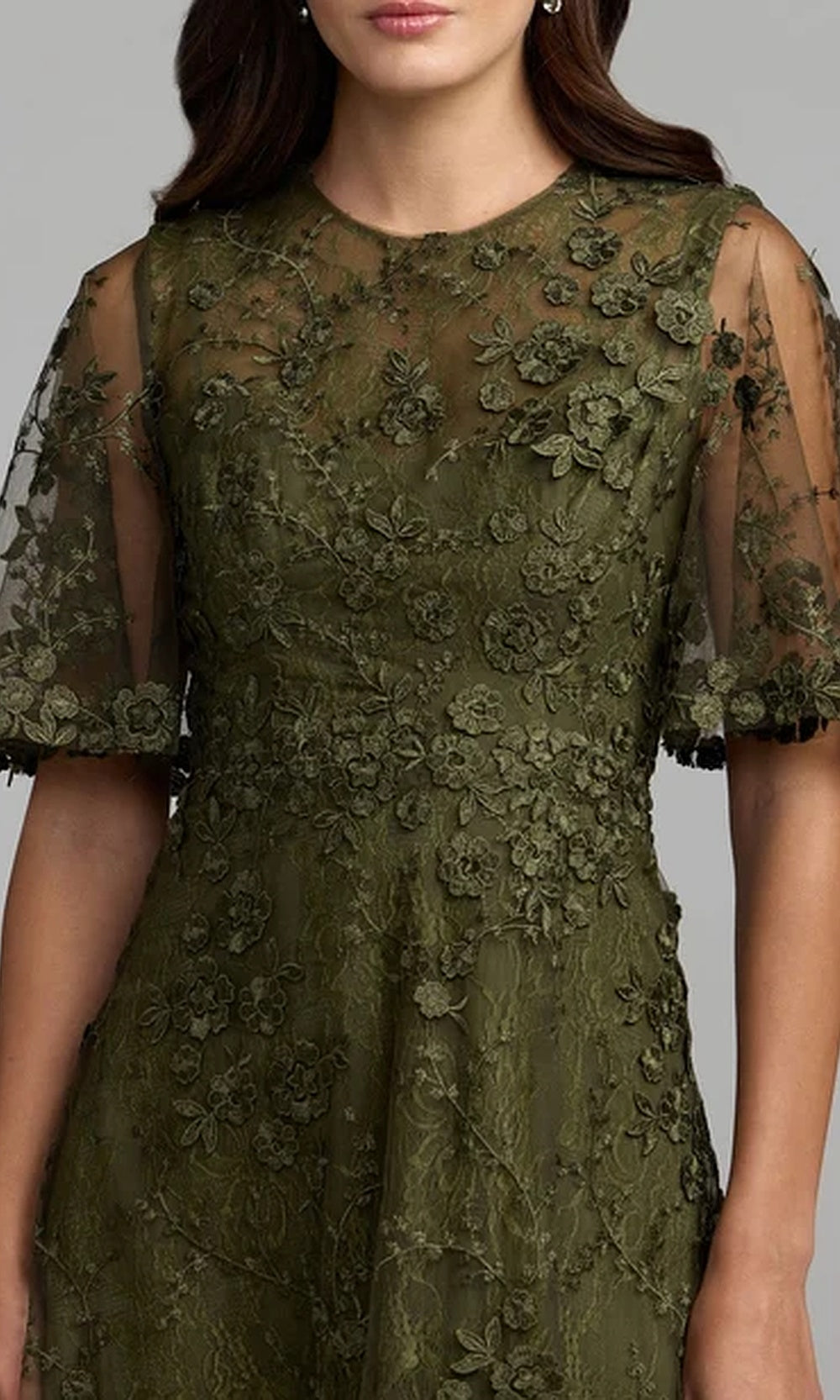 Mac Duggal 69036 Floral Lace Illusion High-Neck Tea-Length A-Line Dress