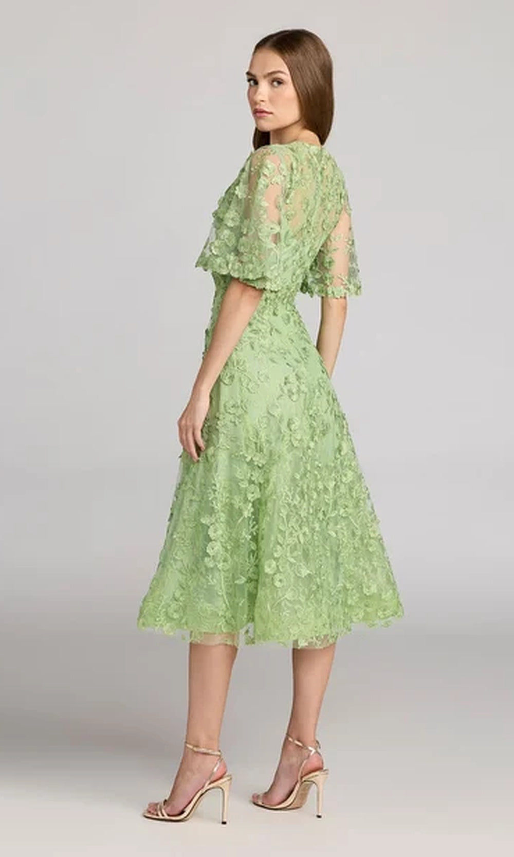 Mac Duggal 69036 Floral Lace Illusion High-Neck Tea-Length A-Line Dress