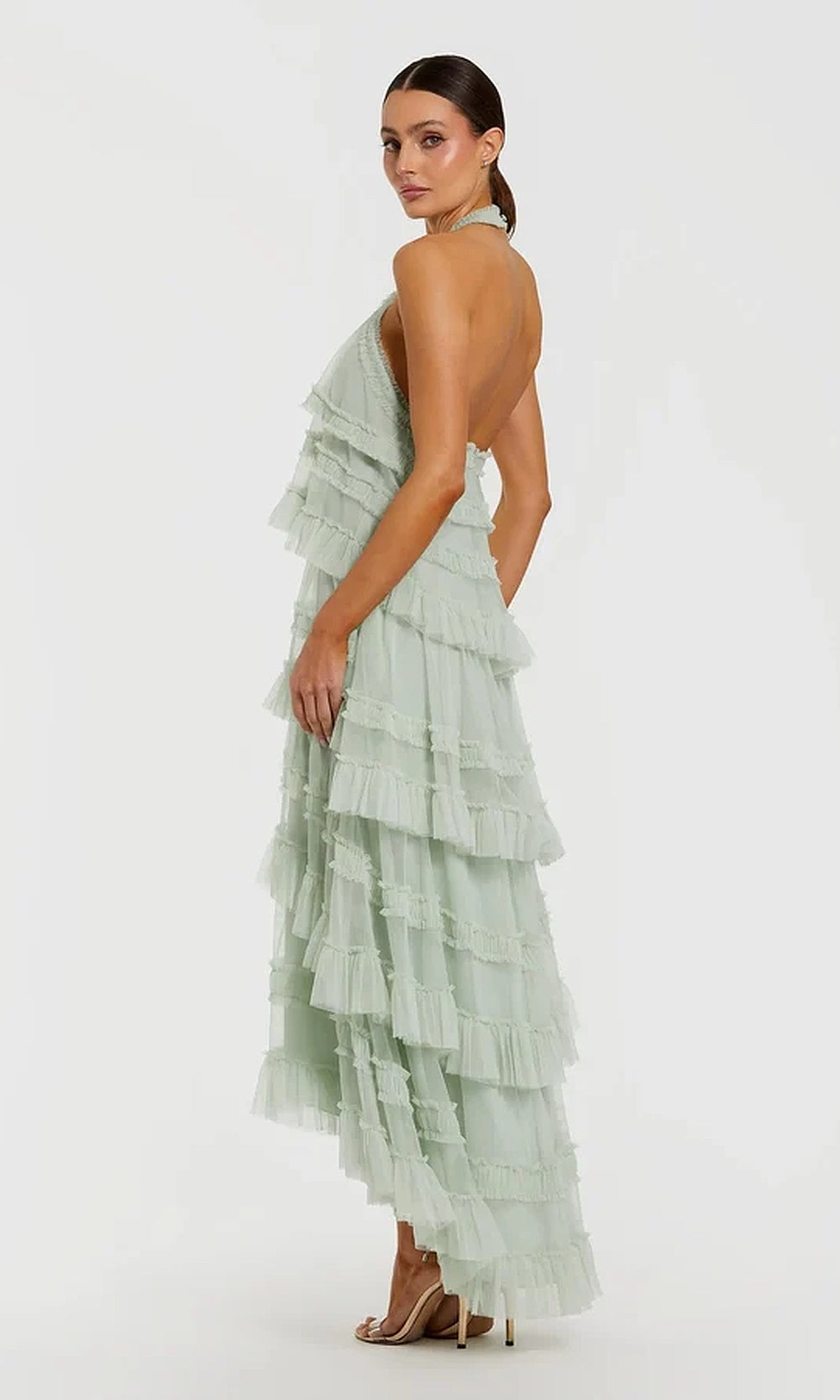 Mac Duggal 8276 Halter High-Low Tiered Tulle Ruffle A-Line Dress Gown