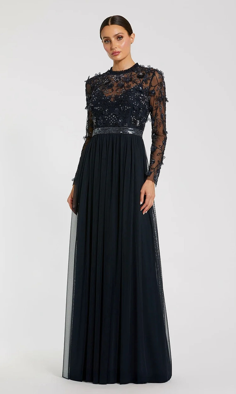 Mac Duggal 9132 Illusion Long-Sleeve Beaded Floral A-Line Gown Gown