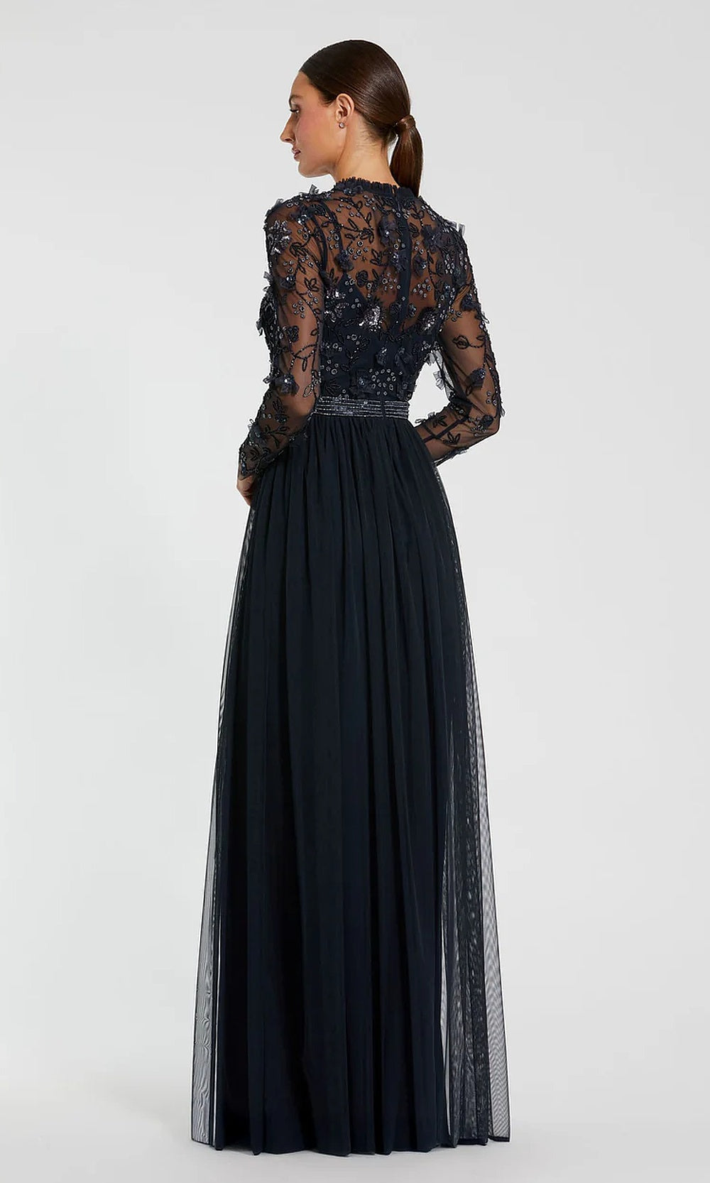 Mac Duggal 9132 Illusion Long-Sleeve Beaded Floral A-Line Gown Gown