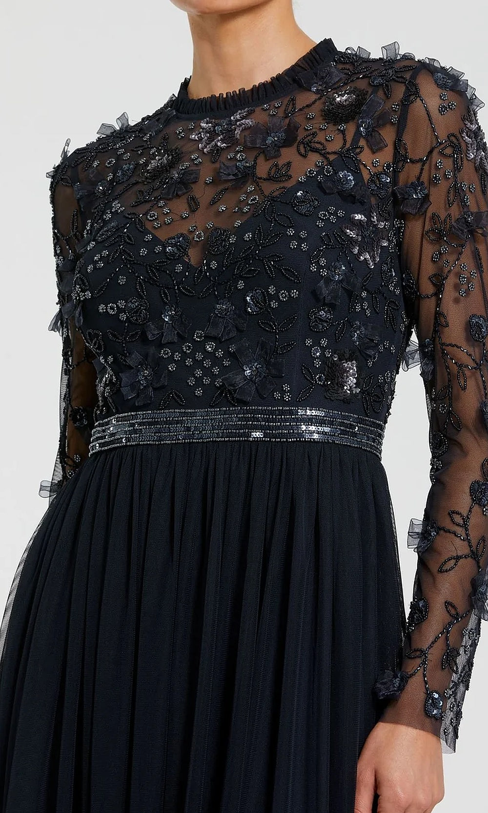 Mac Duggal 9132 Illusion Long-Sleeve Beaded Floral A-Line Gown Gown