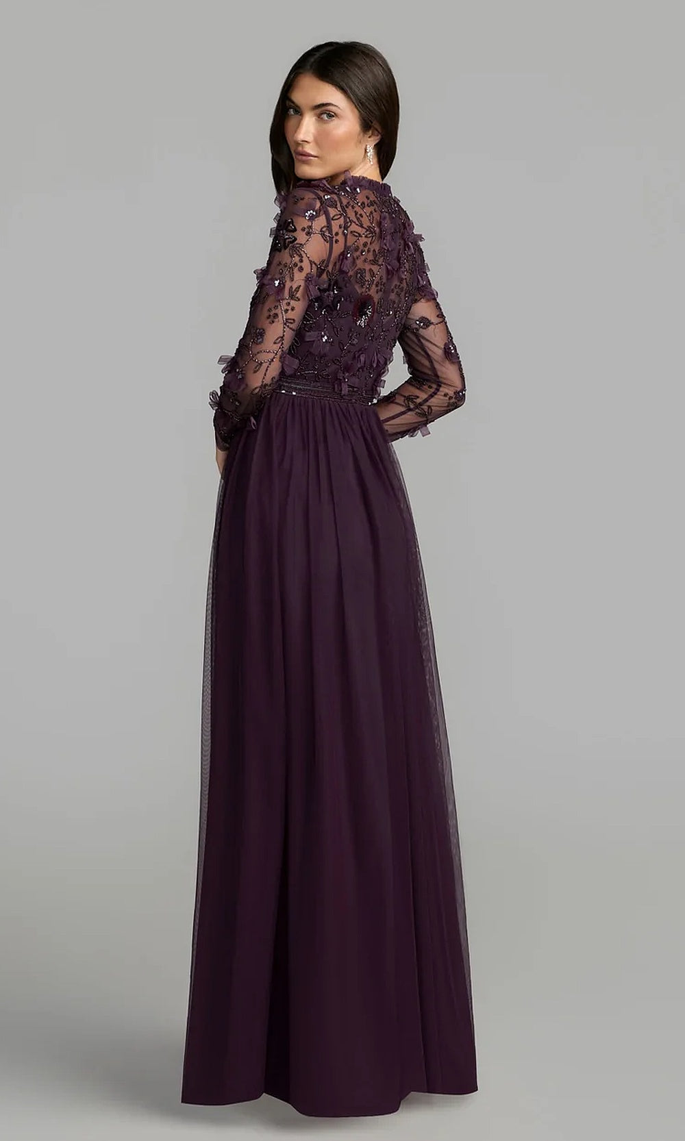 Mac Duggal 9132 Illusion Long-Sleeve Beaded Floral A-Line Gown Gown